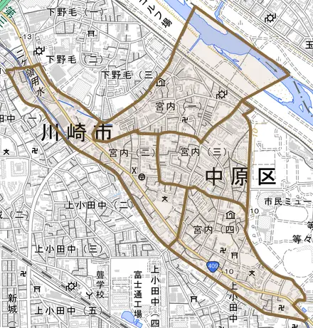 宮内とその周辺の地図。町の範囲を重ねている