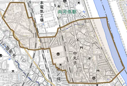 中丸子とその周辺の地図。町の範囲を重ねている