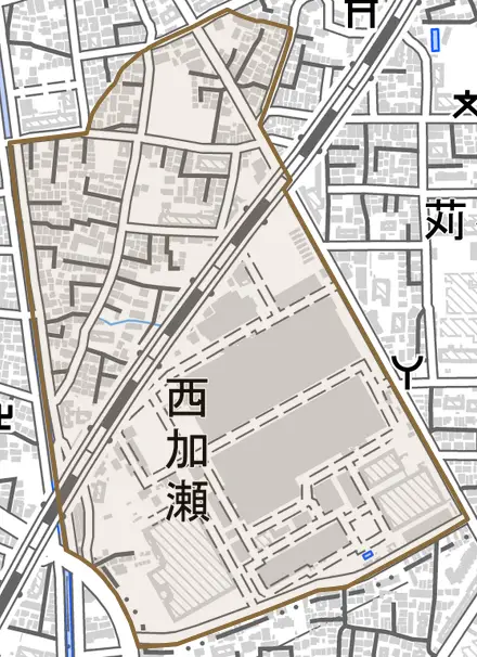 西加瀬とその周辺の地図。町の範囲を重ねている