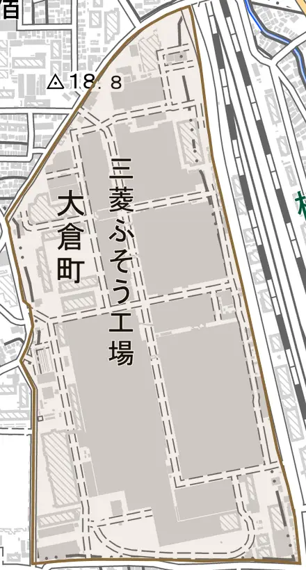 大倉町とその周辺の地図。町の範囲を重ねている