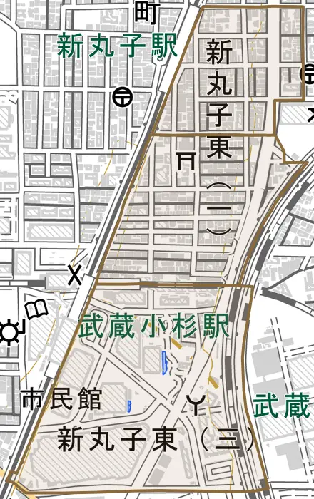 新丸子東とその周辺の地図。町の範囲を重ねている