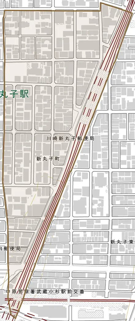 新丸子町とその周辺の地図。町の範囲を重ねている