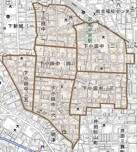 下小田中とその周辺の地図。町の範囲を重ねている