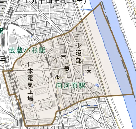 下沼部とその周辺の地図。町の範囲を重ねている