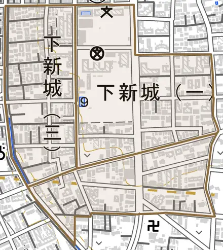 下新城とその周辺の地図。町の範囲を重ねている