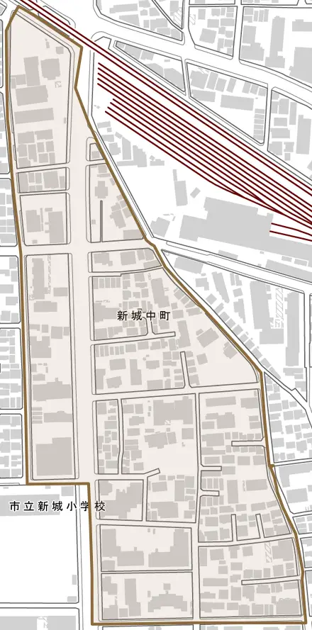 新城中町とその周辺の地図。町の範囲を重ねている
