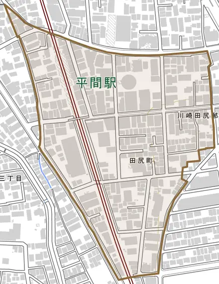 田尻町とその周辺の地図。町の範囲を重ねている