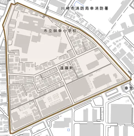 遠藤町とその周辺の地図。町の範囲を重ねている