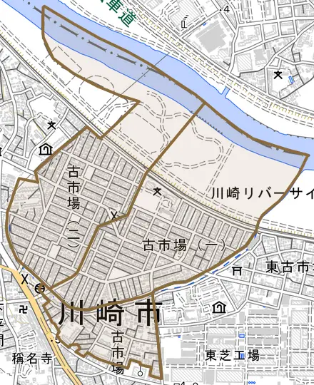 古市場とその周辺の地図。町の範囲を重ねている
