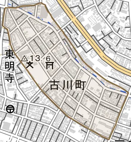 古川町とその周辺の地図。町の範囲を重ねている