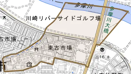 東古市場とその周辺の地図。町の範囲を重ねている