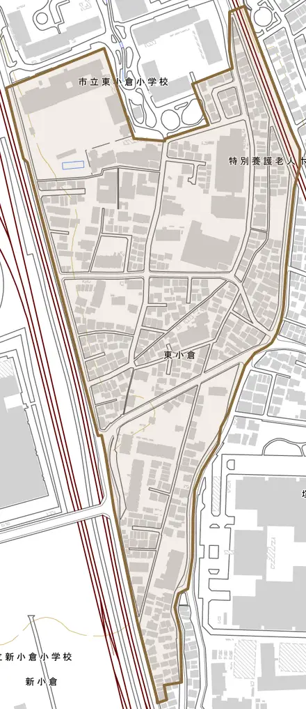 東小倉とその周辺の地図。町の範囲を重ねている