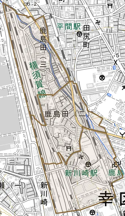 鹿島田とその周辺の地図。町の範囲を重ねている