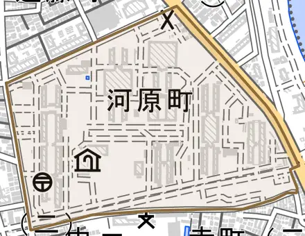 河原町とその周辺の地図。町の範囲を重ねている