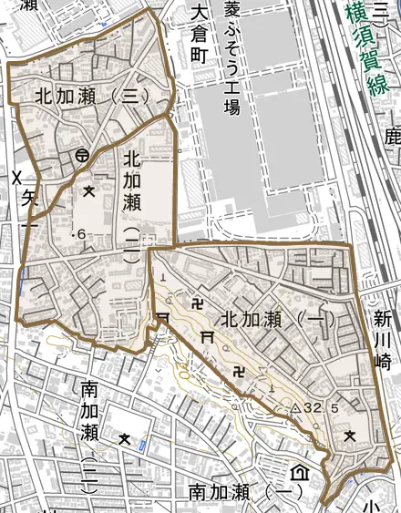 北加瀬とその周辺の地図。町の範囲を重ねている