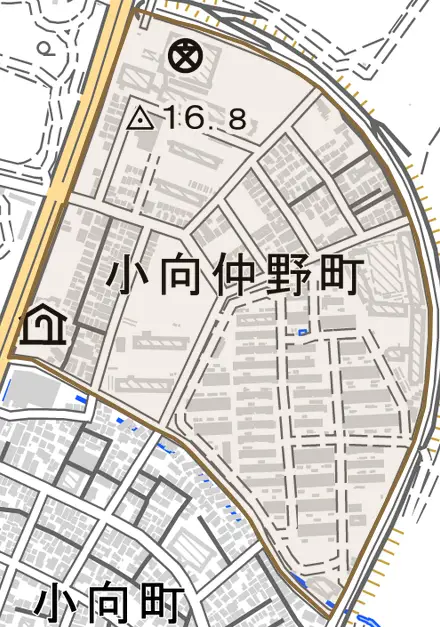 小向仲野町とその周辺の地図。町の範囲を重ねている