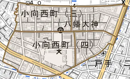 小向西町とその周辺の地図。町の範囲を重ねている