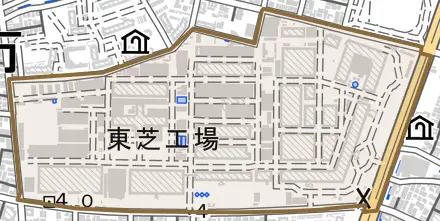 小向東芝町とその周辺の地図。町の範囲を重ねている