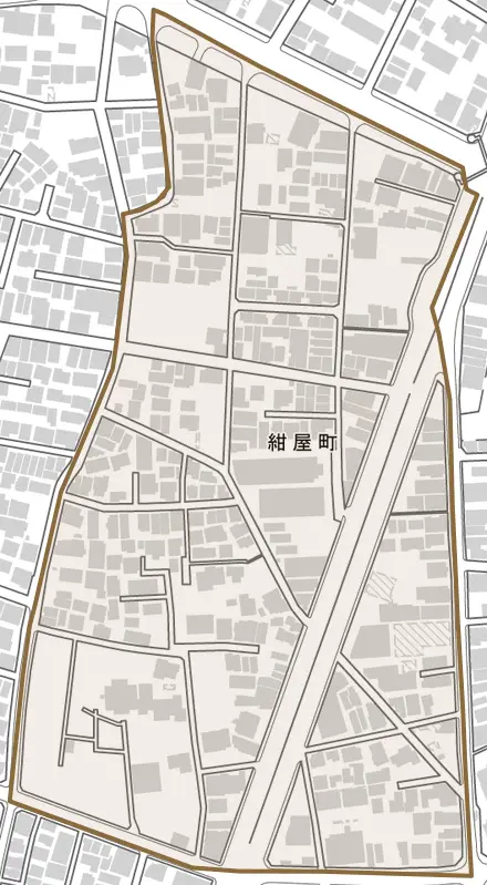紺屋町とその周辺の地図。町の範囲を重ねている