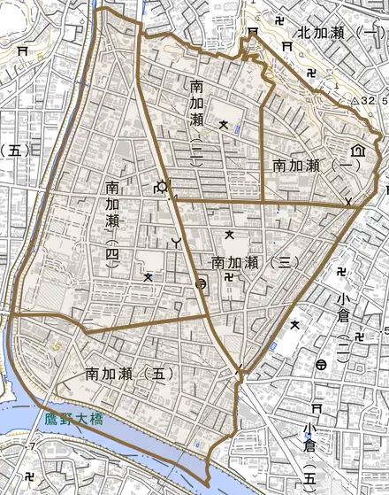 南加瀬とその周辺の地図。町の範囲を重ねている