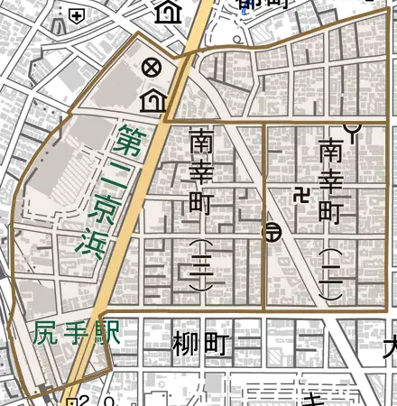 南幸町とその周辺の地図。町の範囲を重ねている
