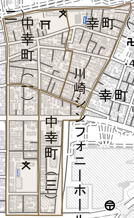 中幸町とその周辺の地図。町の範囲を重ねている