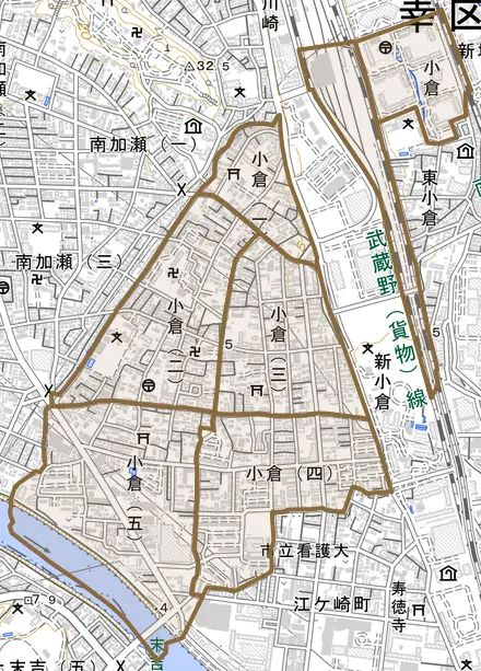 小倉とその周辺の地図。町の範囲を重ねている