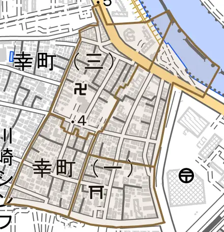 幸町とその周辺の地図。町の範囲を重ねている