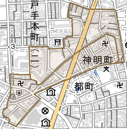 神明町とその周辺の地図。町の範囲を重ねている