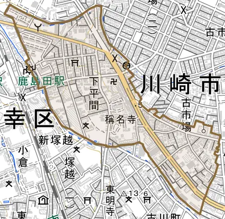 下平間とその周辺の地図。町の範囲を重ねている