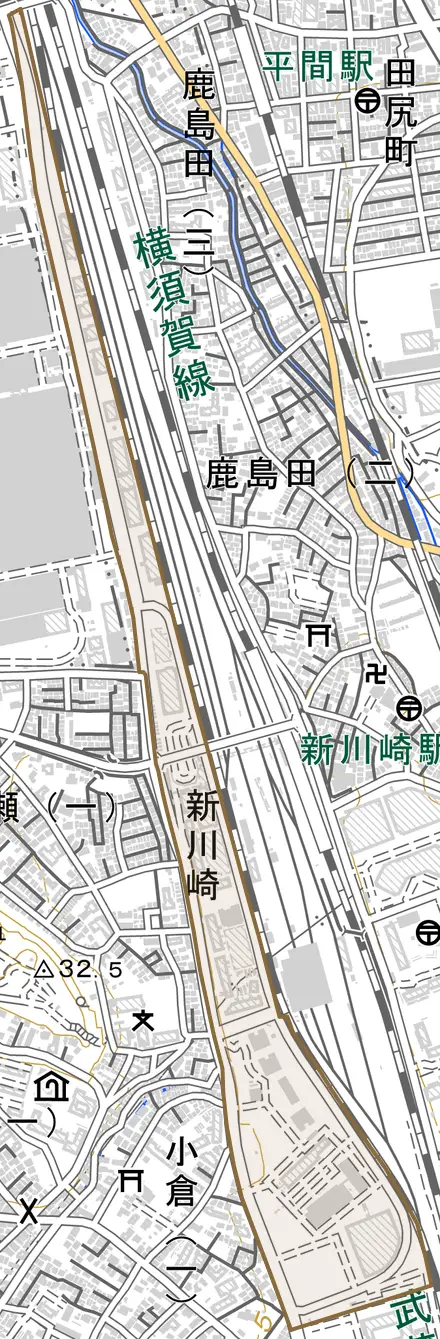 新川崎とその周辺の地図。町の範囲を重ねている