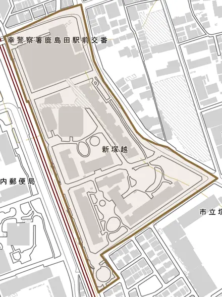 新塚越とその周辺の地図。町の範囲を重ねている