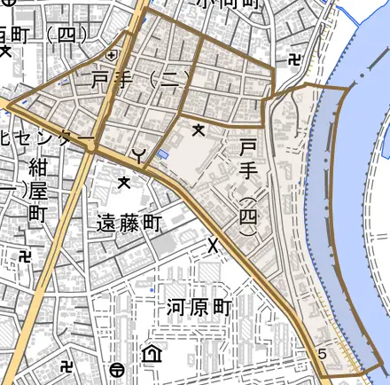 戸手とその周辺の地図。町の範囲を重ねている