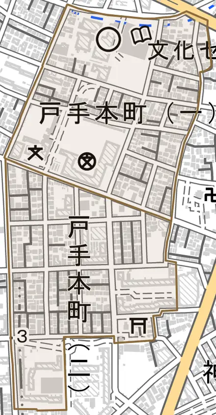 戸手本町とその周辺の地図。町の範囲を重ねている