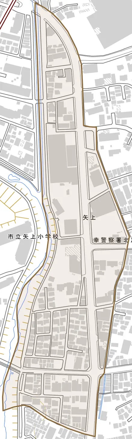 矢上とその周辺の地図。町の範囲を重ねている