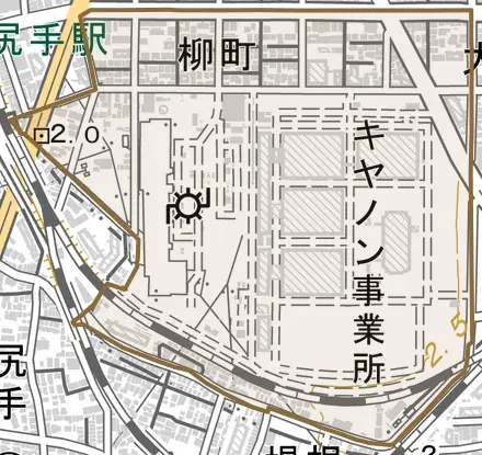 柳町とその周辺の地図。町の範囲を重ねている