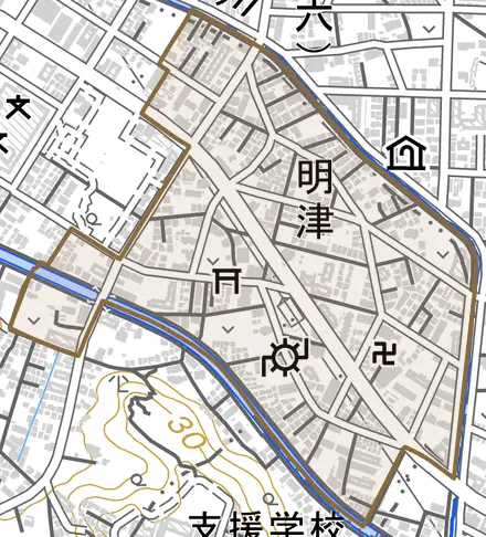 明津とその周辺の地図。町の範囲を重ねている