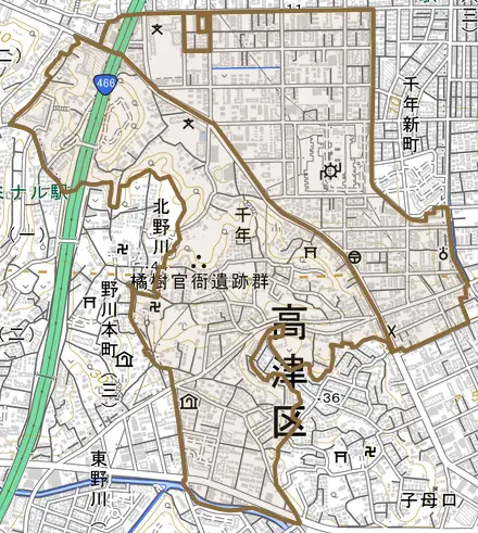 千年とその周辺の地図。町の範囲を重ねている