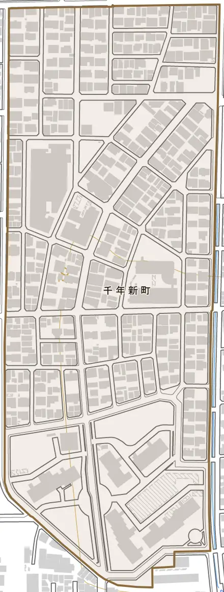 千年新町とその周辺の地図。町の範囲を重ねている