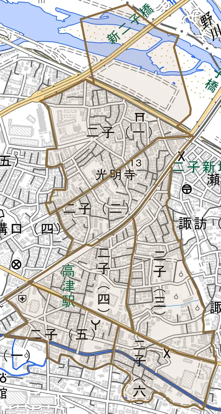 二子とその周辺の地図。町の範囲を重ねている