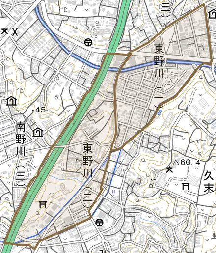 東野川とその周辺の地図。町の範囲を重ねている