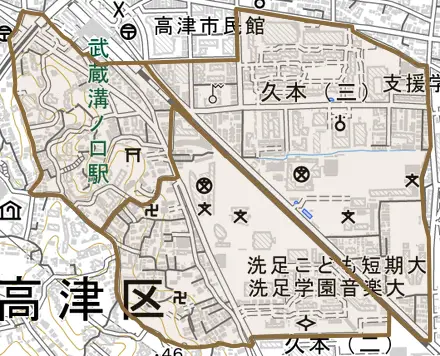 久本とその周辺の地図。町の範囲を重ねている