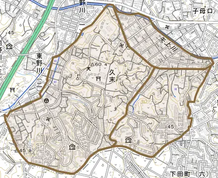 久末とその周辺の地図。町の範囲を重ねている