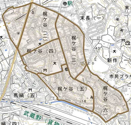 梶ケ谷とその周辺の地図。町の範囲を重ねている