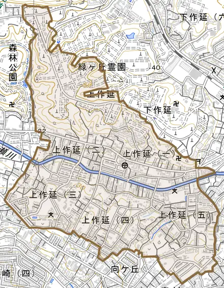 上作延とその周辺の地図。町の範囲を重ねている