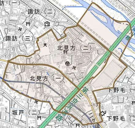 北見方とその周辺の地図。町の範囲を重ねている