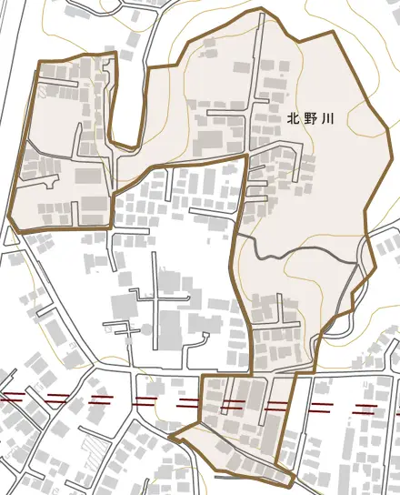 北野川とその周辺の地図。町の範囲を重ねている