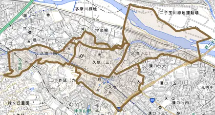 久地とその周辺の地図。町の範囲を重ねている
