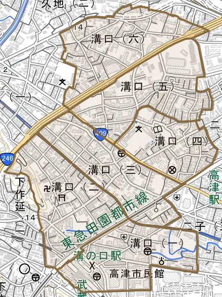 溝口とその周辺の地図。町の範囲を重ねている