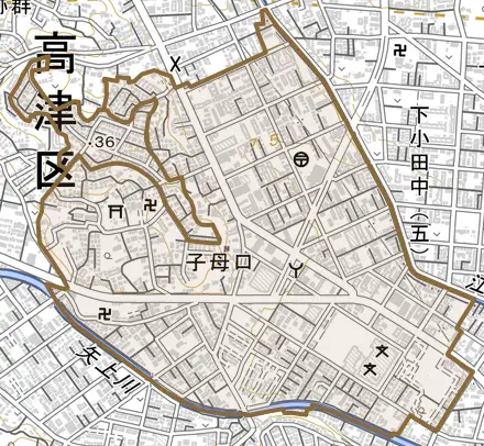 子母口とその周辺の地図。町の範囲を重ねている